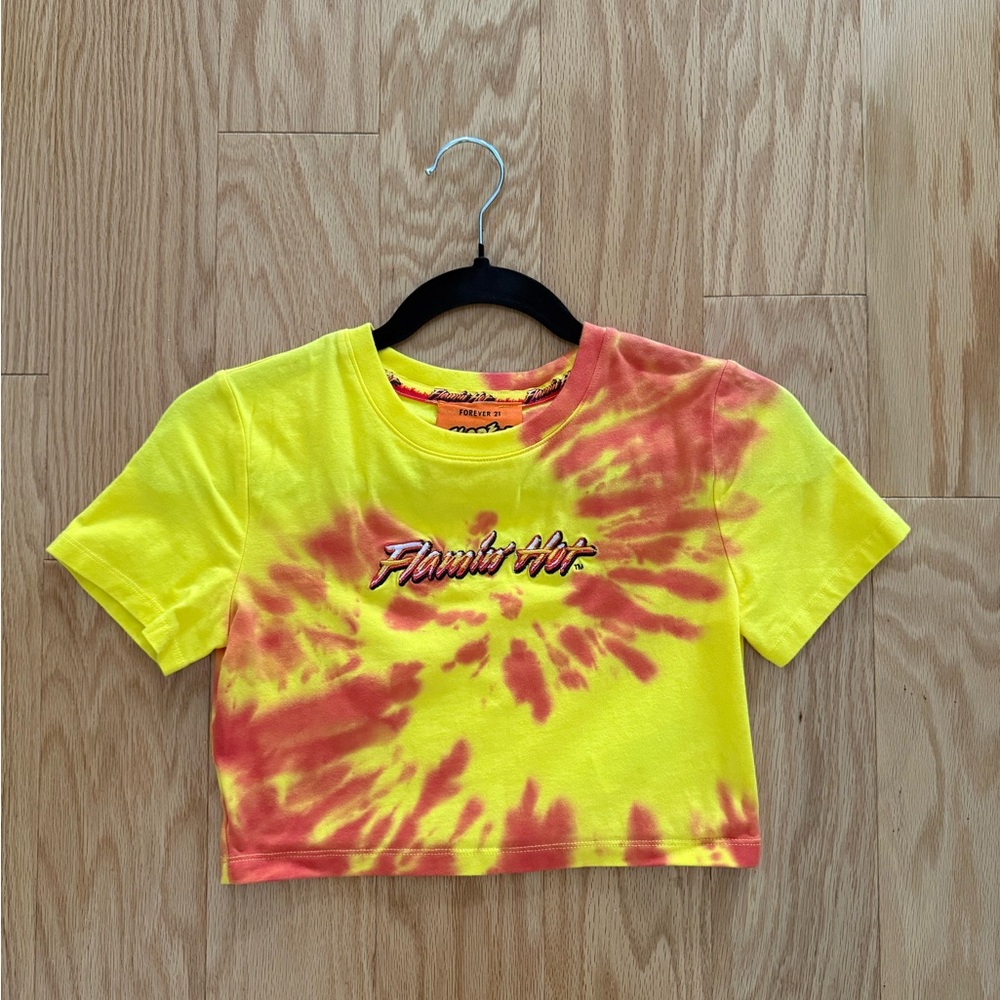 Forever 21 Women’s Yellow & Orange Tie-Dye Crop Tee - Flaming Hot Embroidery